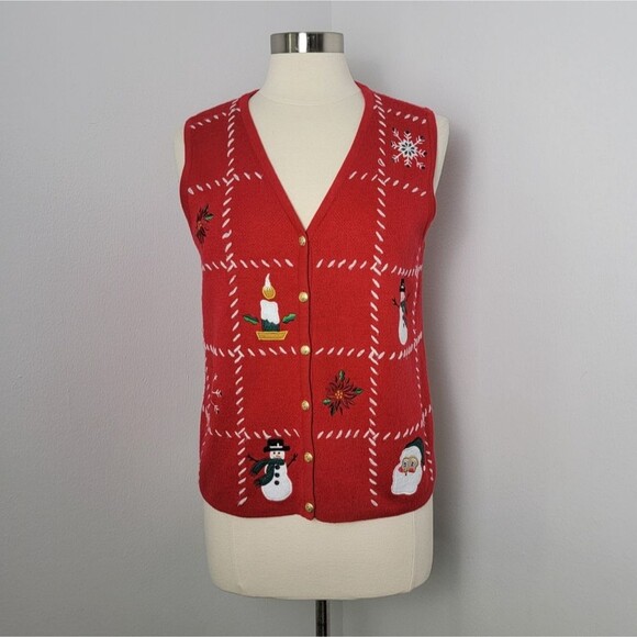 Red Holiday Embroidered Ugly Christmas Sweater Button Up Vest Size Medium - Picture 1 of 9